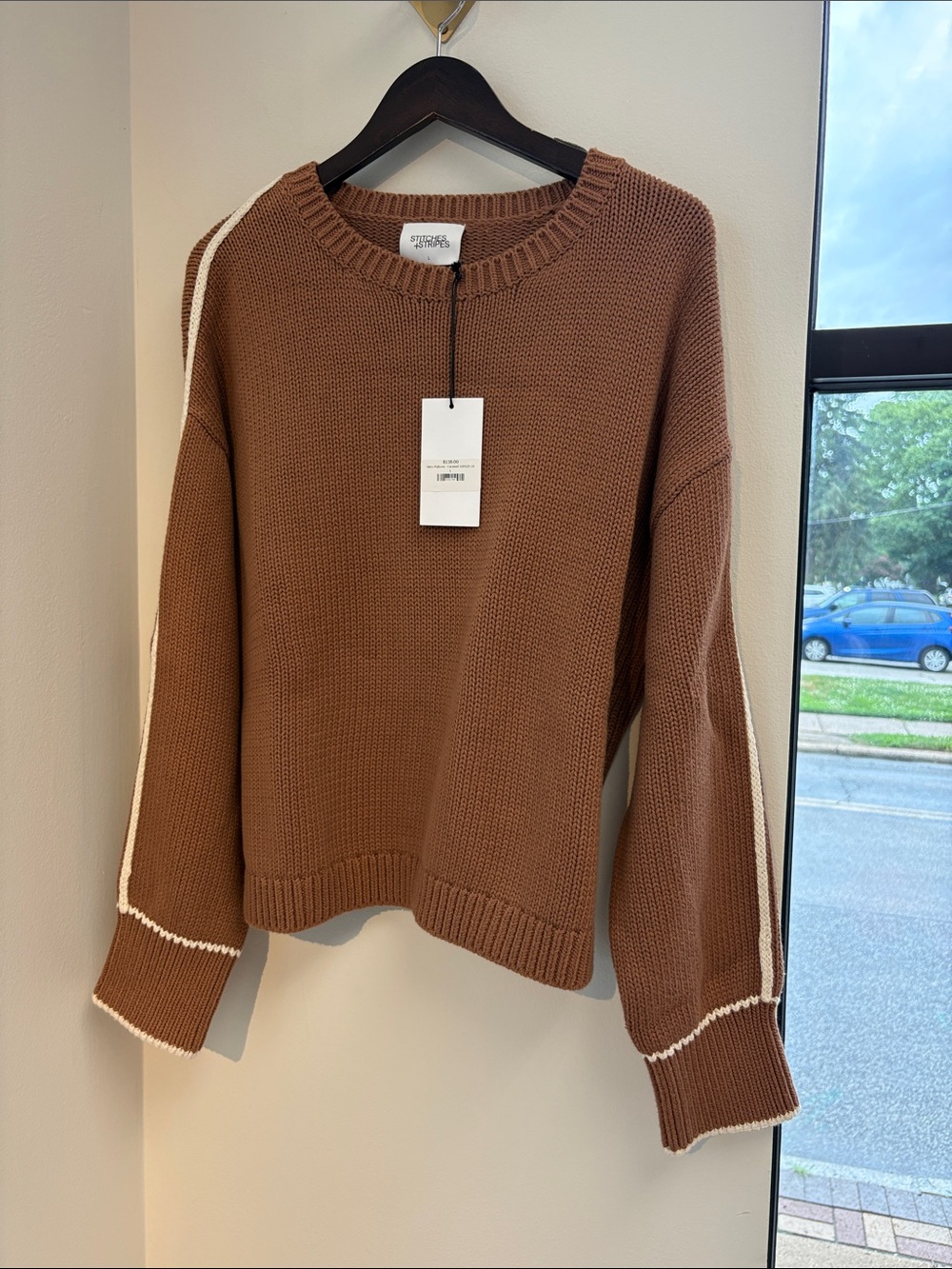 Women's Caramel Crewneck Sweater with Ivory Stripe Detail
